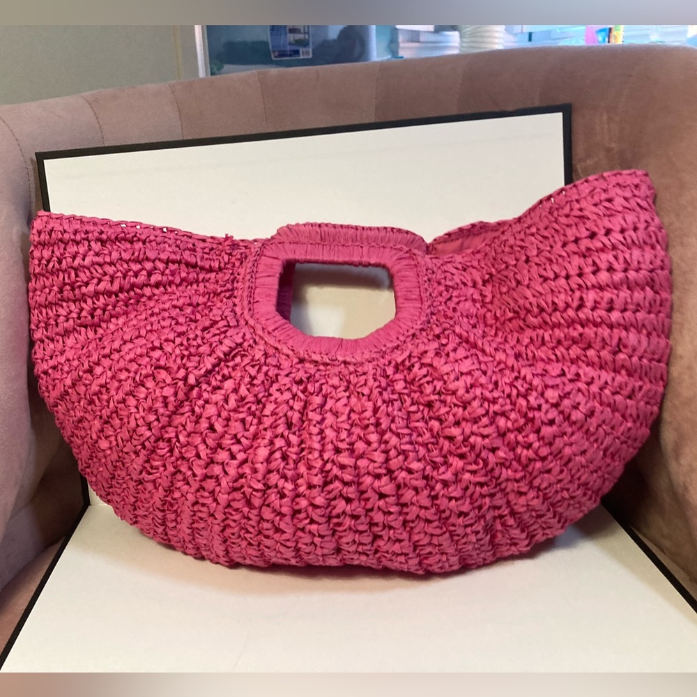 Woven Pink Straw Tote Bag with Cutout Handle